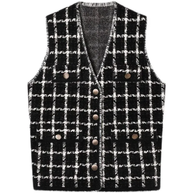 Light Luxury Men's Vintage Plaid Vest Fashionable Knitted Sleeveless Vests Single Breasted V Collar Tops Autumn