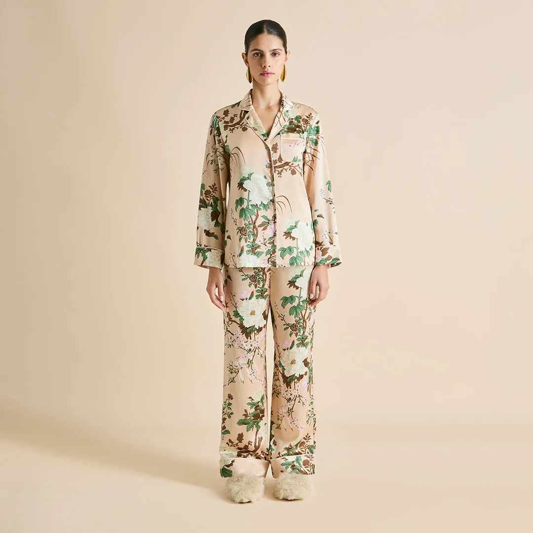 Lila Tirtoff Cream Floral Pajamas in Silk Satin