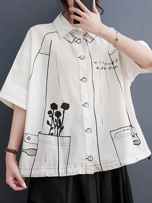 Loose Short Sleeves Buttoned Printed Lapel Blouses&Shirts Tops