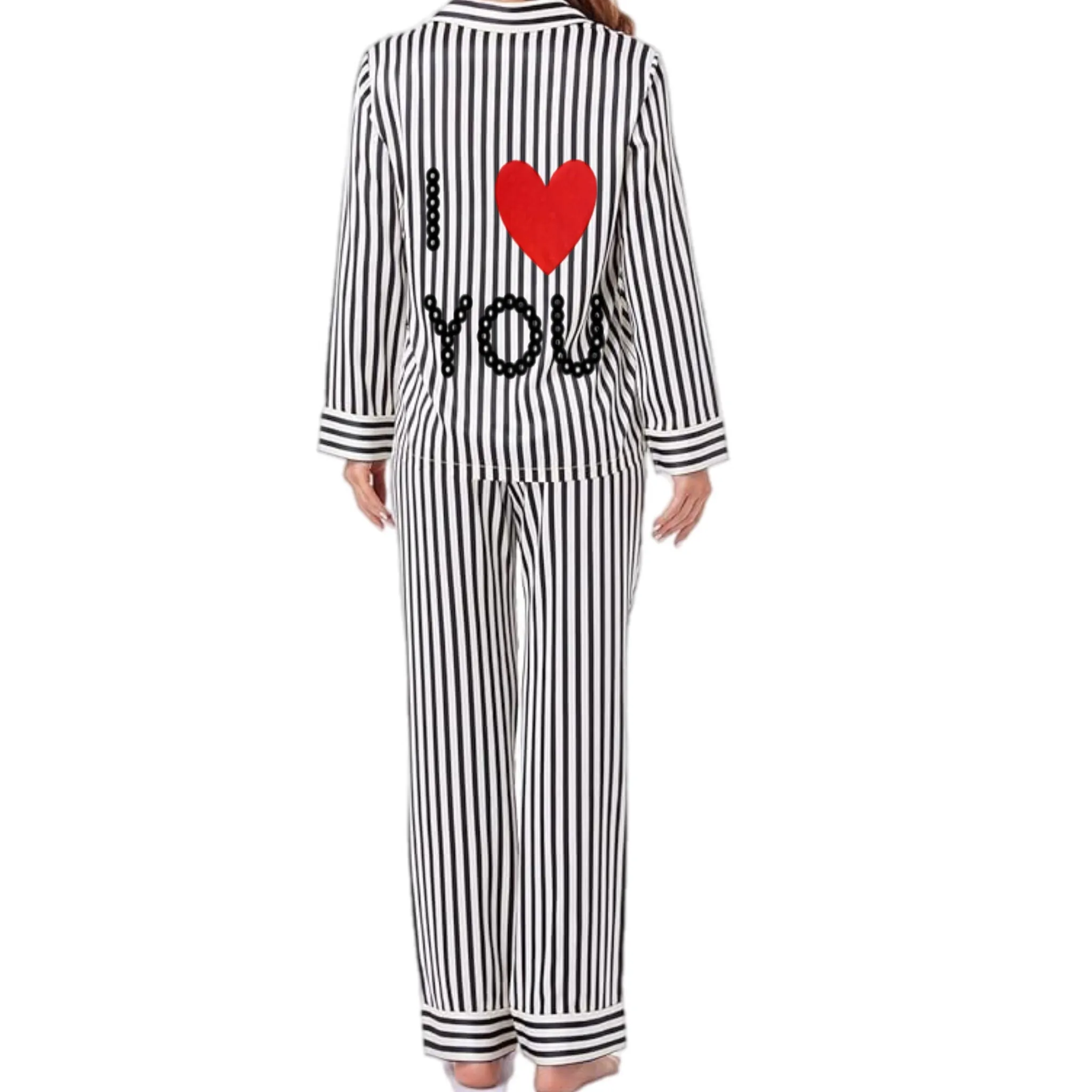 Love and Heart Pajama Set Black White L/S