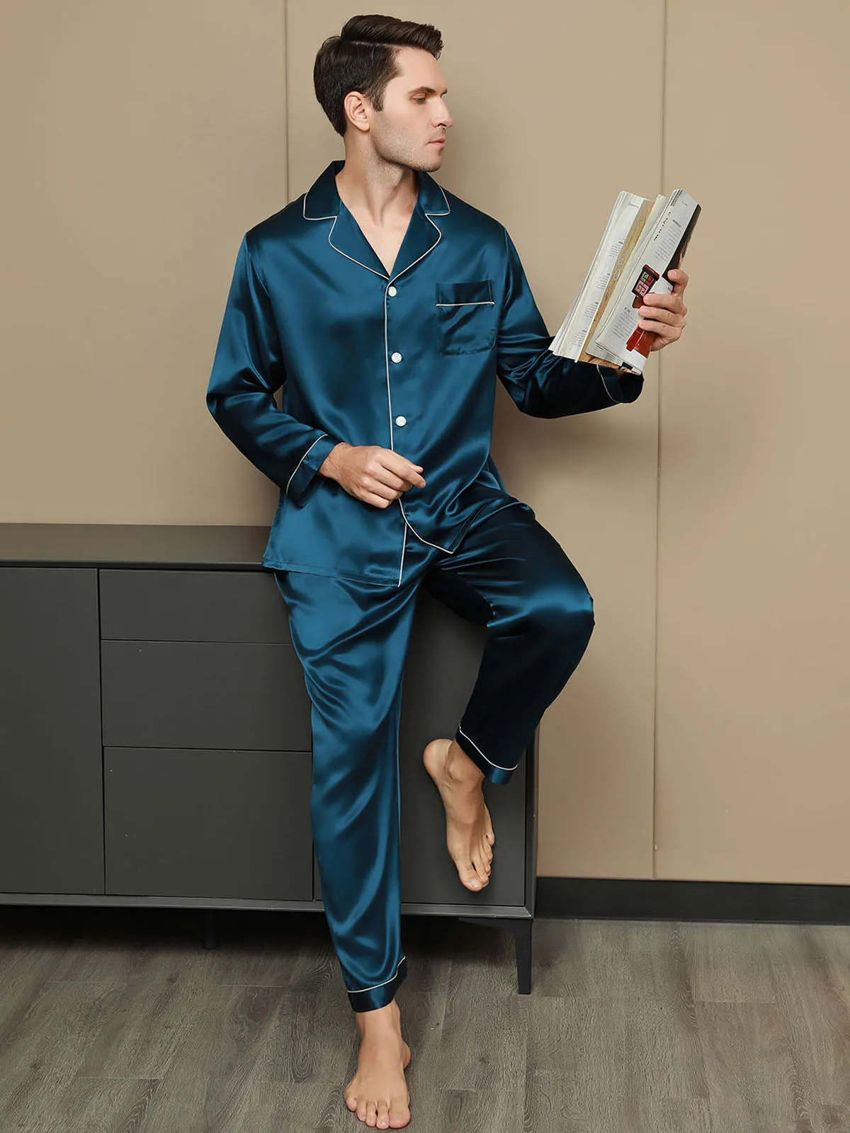 Luxurious Silk Men's Lapel Pajamas 2Pcs