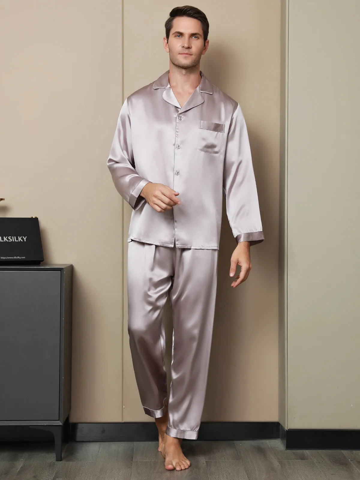 Luxurious Silk Men's Lapel Pajamas 2Pcs