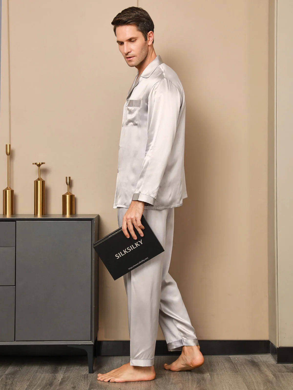 Luxurious Silk Men's Lapel Pajamas 2Pcs