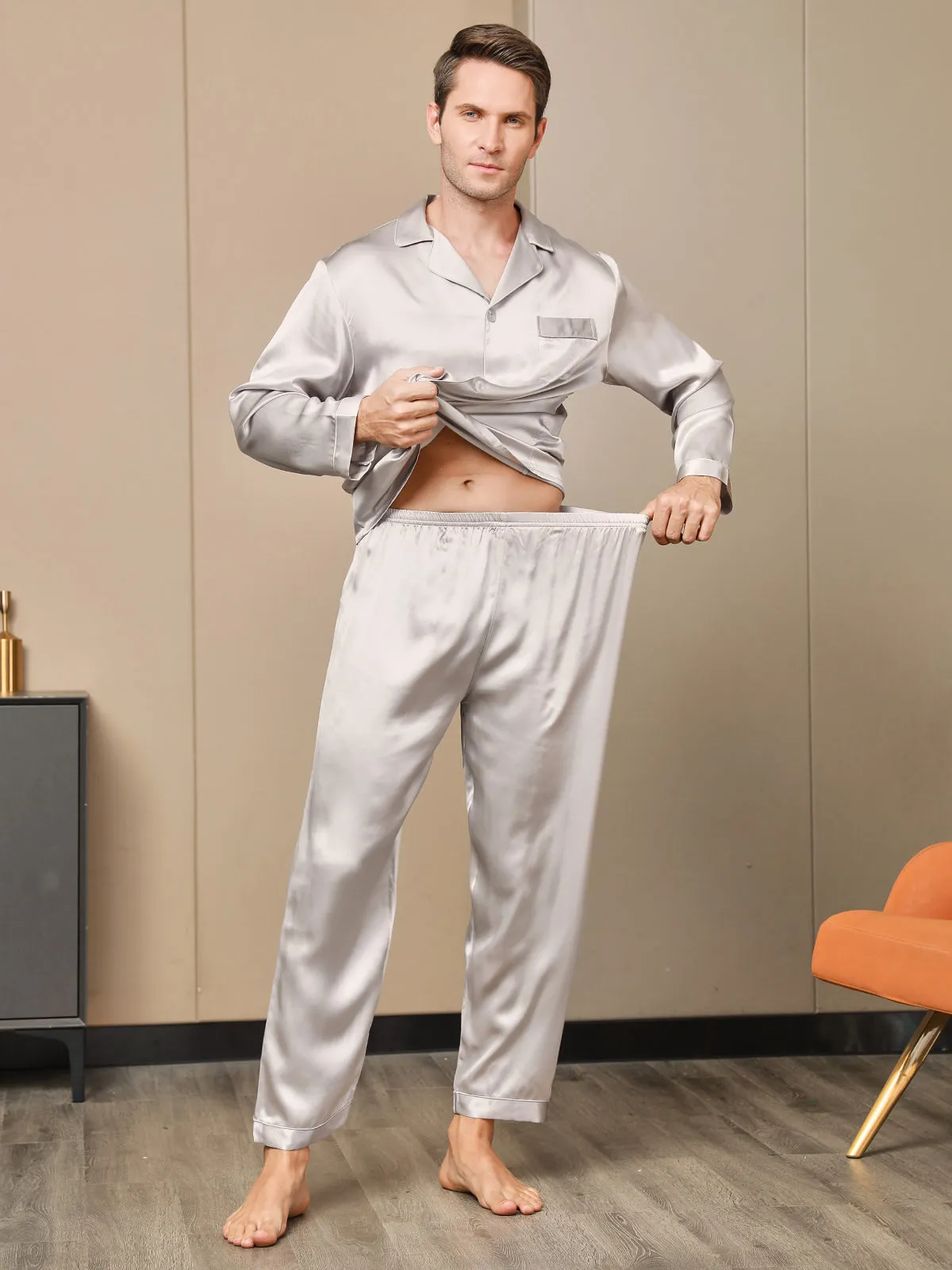 Luxurious Silk Men's Lapel Pajamas 2Pcs