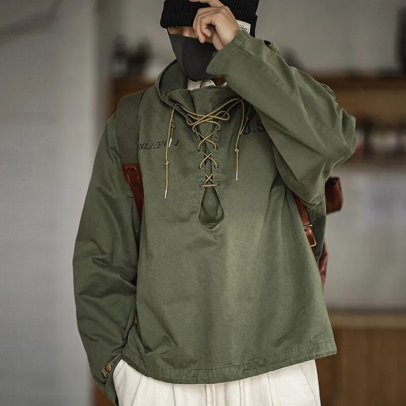 Maden male Hooded Pullover Long Sleeve Deck Parker Jacket Drawstring Neckline Workwear Jacket Green Cuffs Ribbon Closure Jacket