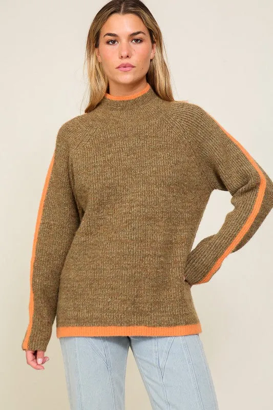 Marbled Brown Raglan Sleeve Funnel Neck Sweater