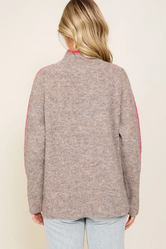 Marbled Brown Raglan Sleeve Funnel Neck Sweater