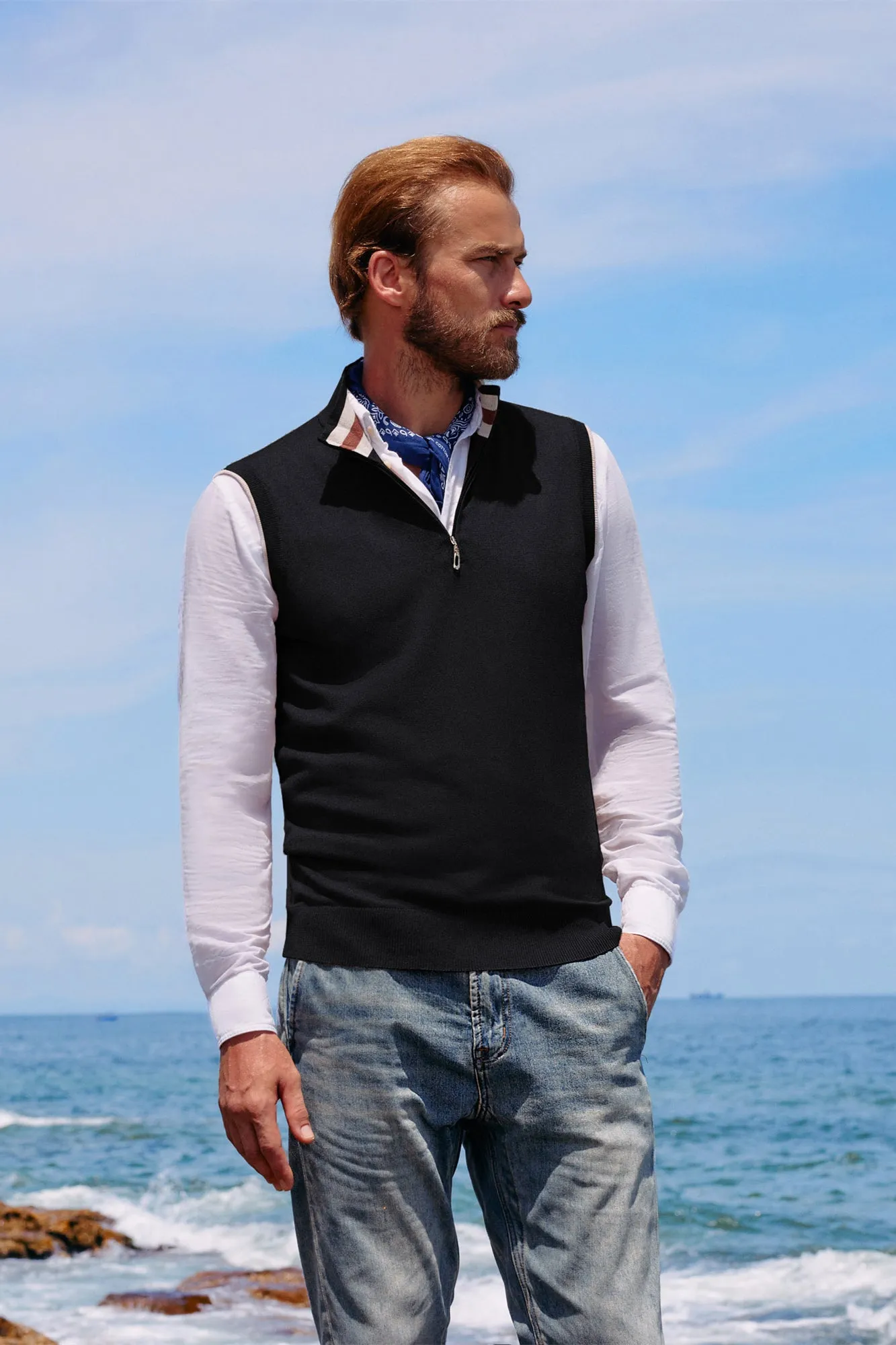 Men Stand Collar Sweater Vest Sleeveless Zip-up Neck Pullover Knitwear