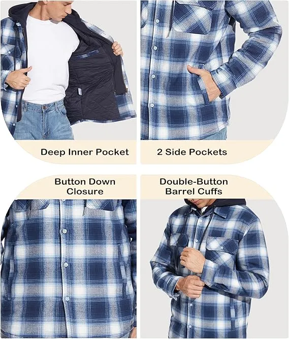 Men's Blue White Flannel Shirt Lumberjack Jacket with Removable Hood