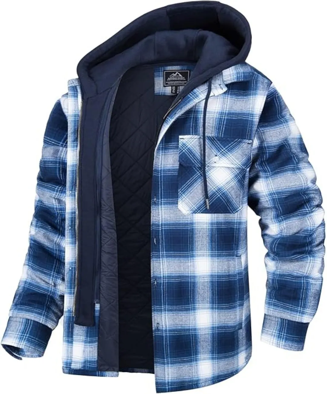 Men's Blue White Flannel Shirt Lumberjack Jacket with Removable Hood