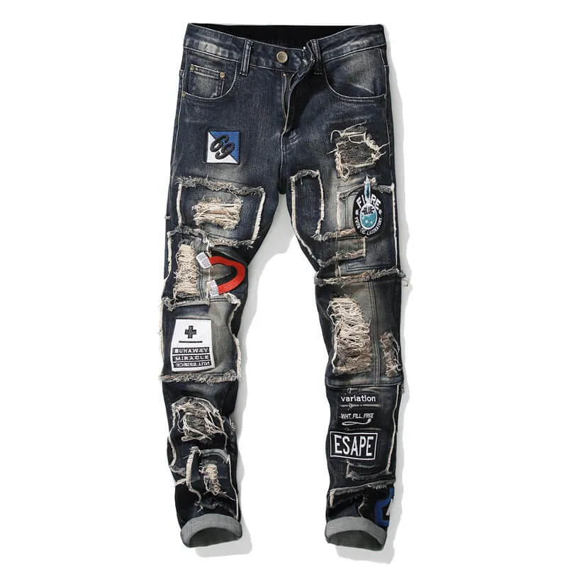 Men's Patch Ripped Jeans Mid Waist Elasticity Straight Pants