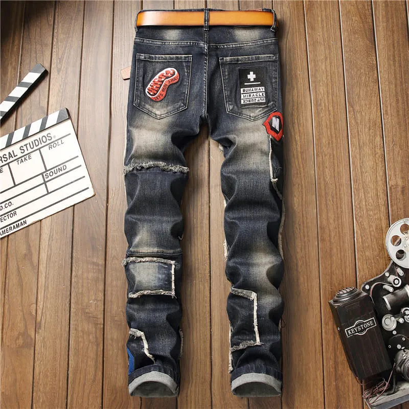 Men's Patch Ripped Jeans Mid Waist Elasticity Straight Pants