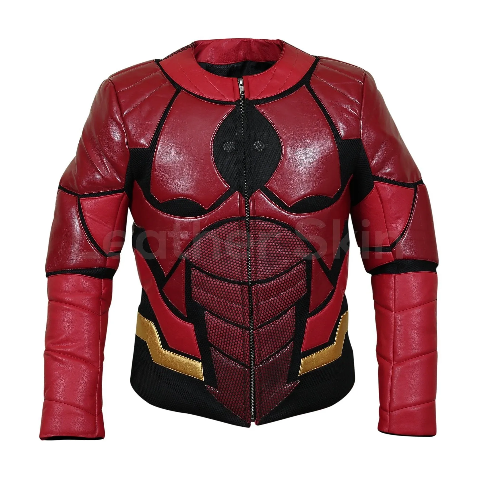 Men's Red and Black Motorcycle Biker Collarless Genuine Leather Jacket