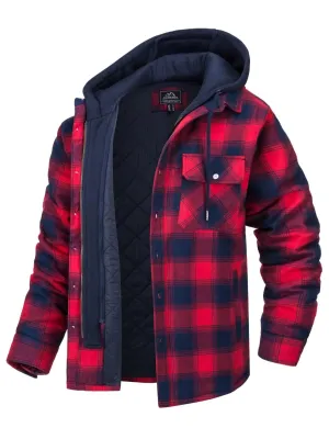 Men's Red Flannel Shirt Lumberjack Jacket with Removable Hood