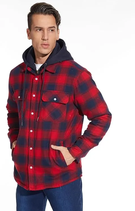 Men's Red Flannel Shirt Lumberjack Jacket with Removable Hood