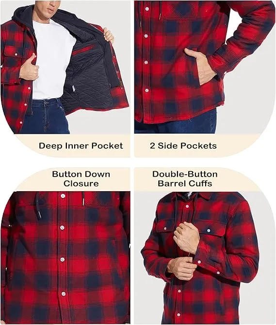 Men's Red Flannel Shirt Lumberjack Jacket with Removable Hood