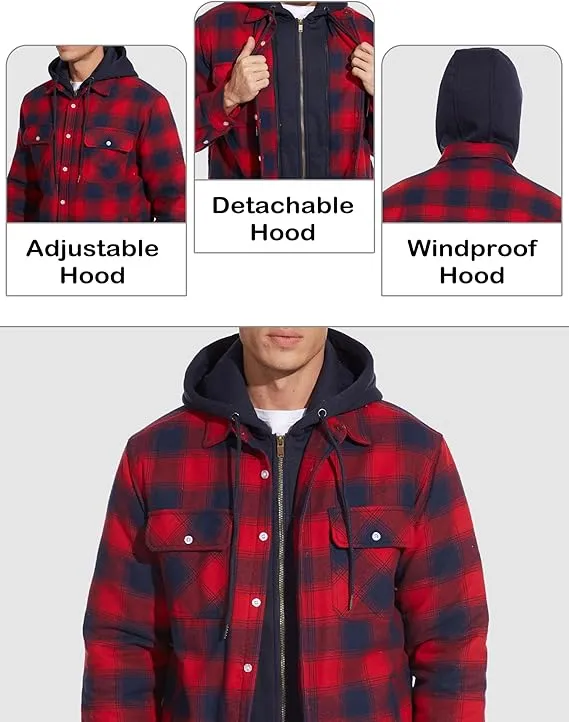 Men's Red Flannel Shirt Lumberjack Jacket with Removable Hood