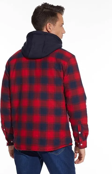 Men's Red Flannel Shirt Lumberjack Jacket with Removable Hood