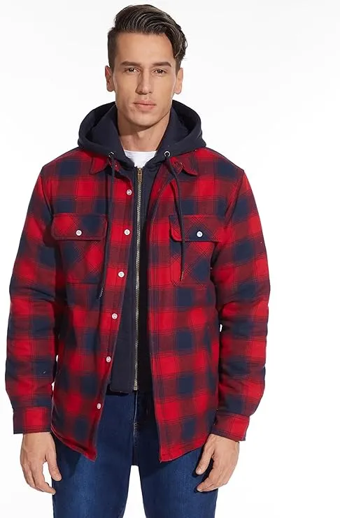 Men's Red Flannel Shirt Lumberjack Jacket with Removable Hood