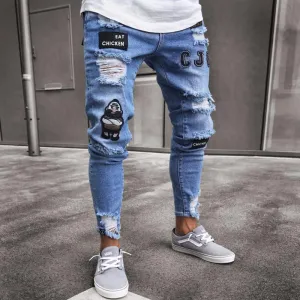 Men's Ripped Trendy Black Slim Fit White Jeans