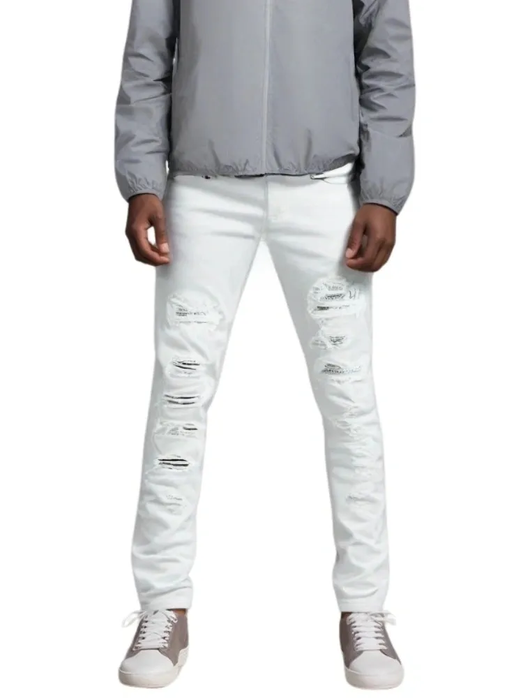 Men's Ripped White Jeans Fashion Slim Skinny Rhinestone Stretch Denim Pants With Holes