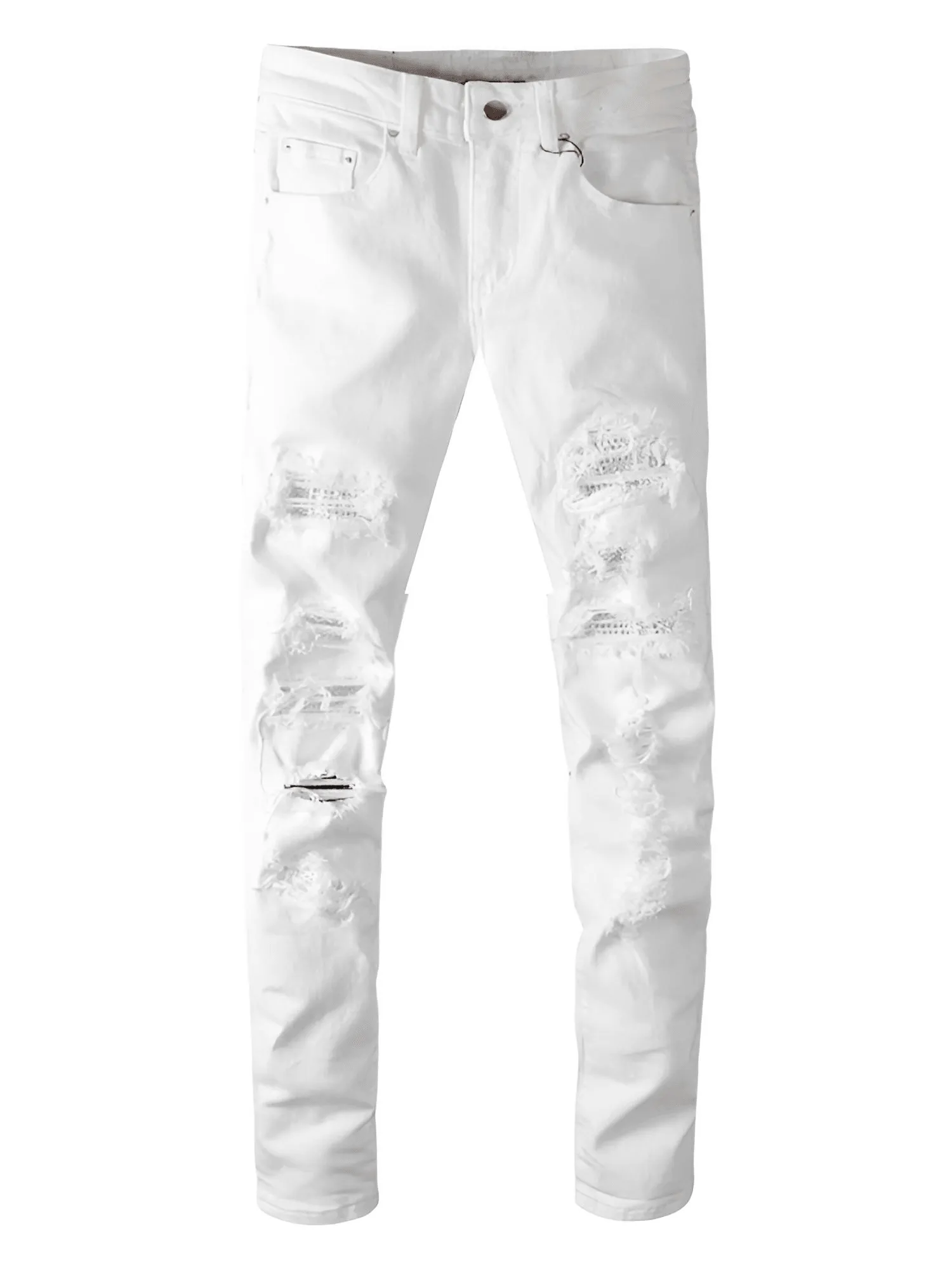 Men's Ripped White Jeans Fashion Slim Skinny Rhinestone Stretch Denim Pants With Holes