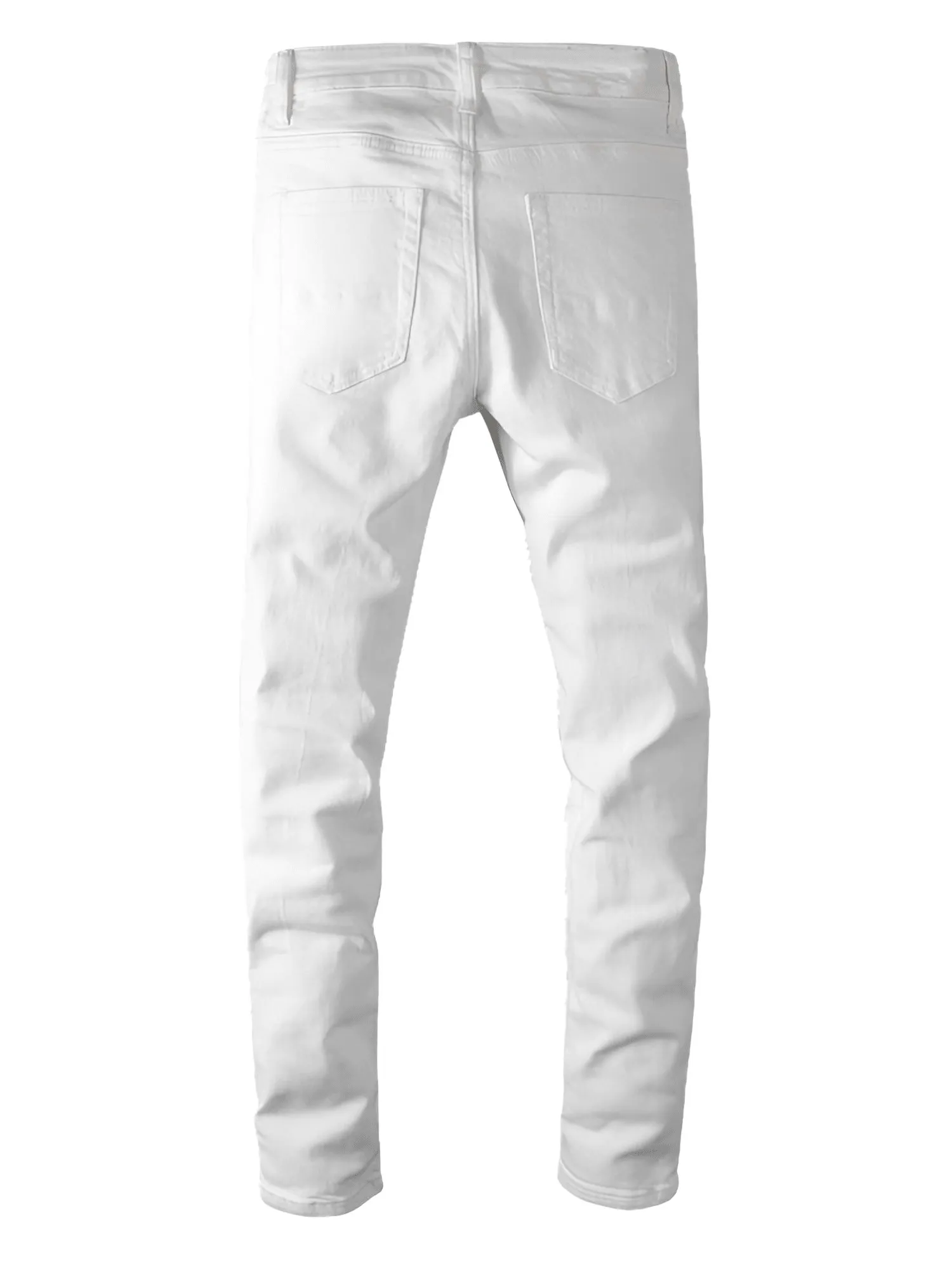 Men's Ripped White Jeans Fashion Slim Skinny Rhinestone Stretch Denim Pants With Holes