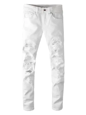 Men's Ripped White Jeans Fashion Slim Skinny Rhinestone Stretch Denim Pants With Holes