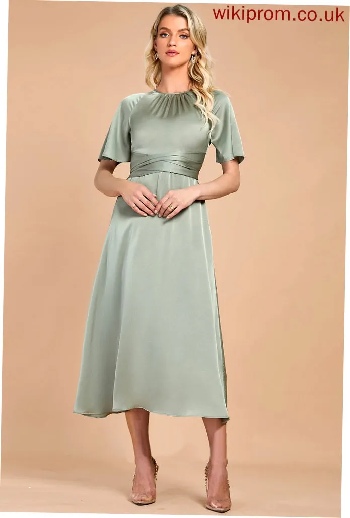 Midi Club Dresses Neck Satin Dresses Gwendoline Round Short Elegant A-line Sleeves