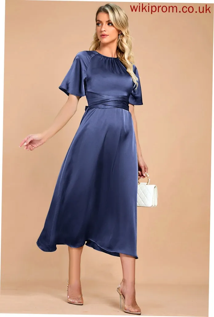 Midi Club Dresses Neck Satin Dresses Gwendoline Round Short Elegant A-line Sleeves