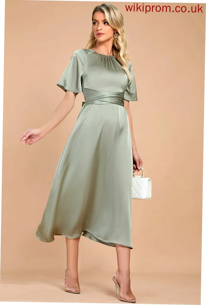 Midi Club Dresses Neck Satin Dresses Gwendoline Round Short Elegant A-line Sleeves