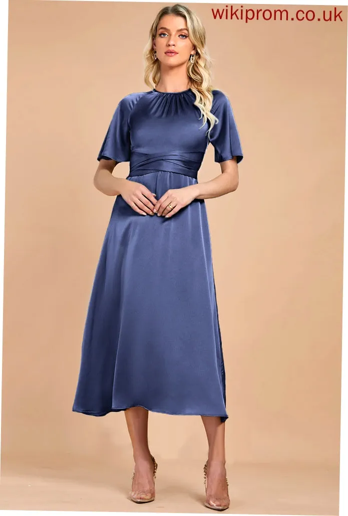 Midi Club Dresses Neck Satin Dresses Gwendoline Round Short Elegant A-line Sleeves