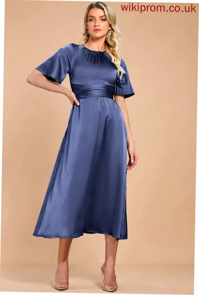 Midi Club Dresses Neck Satin Dresses Gwendoline Round Short Elegant A-line Sleeves