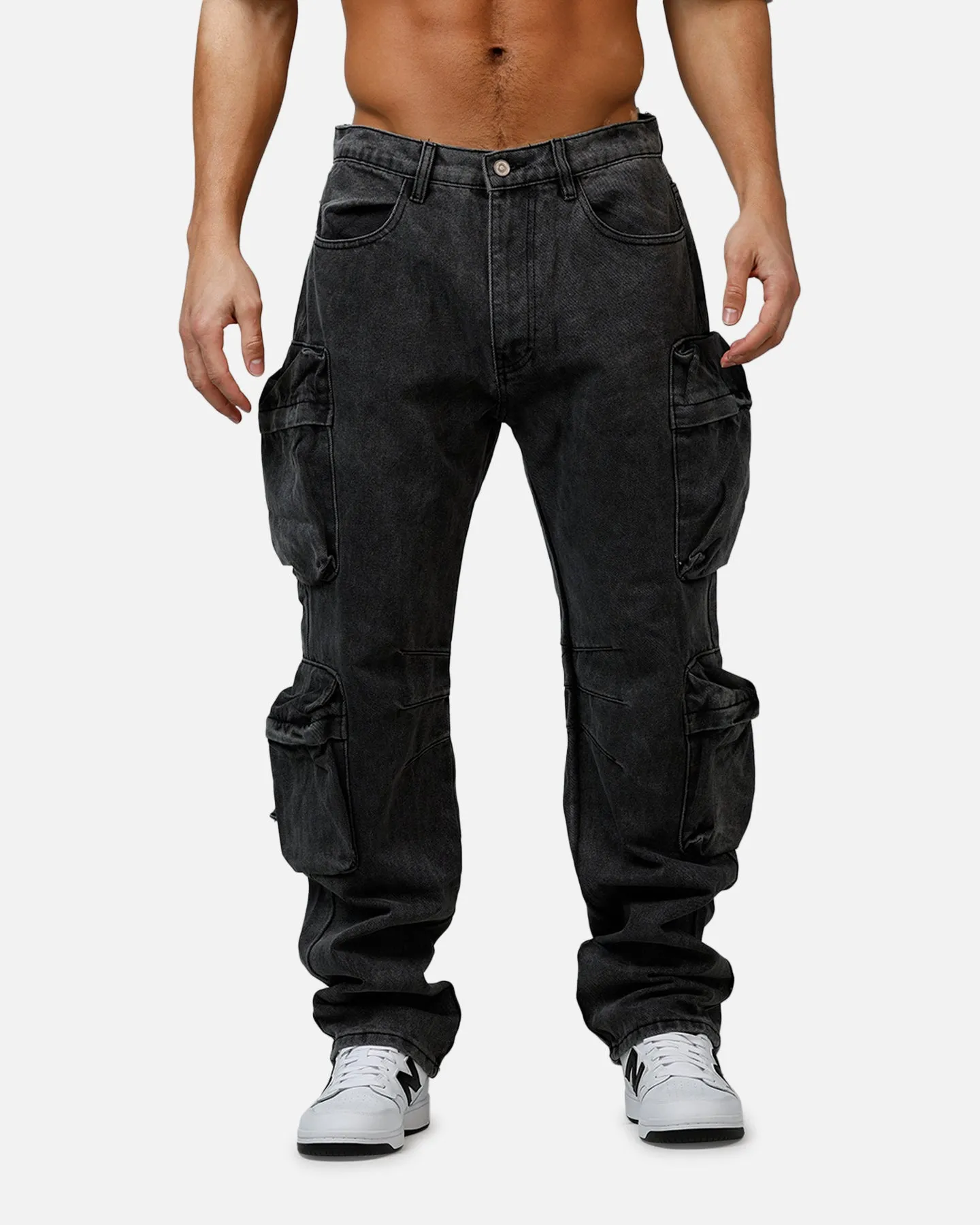 MNML V709 Wide Bellow Cargo Denim Pants Black