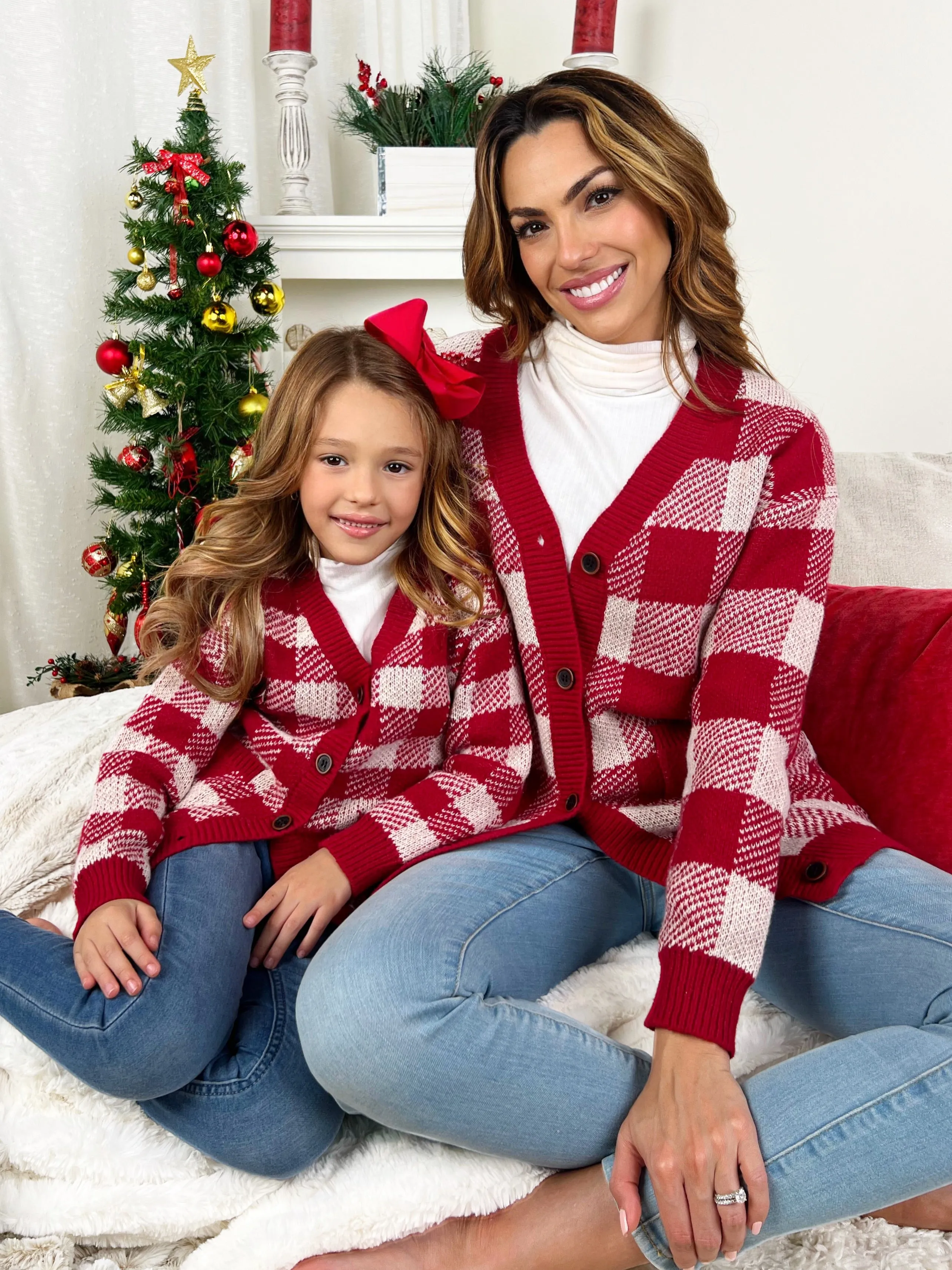 Mommy and Me Burgundy and White Checkered Oversized Cardigan