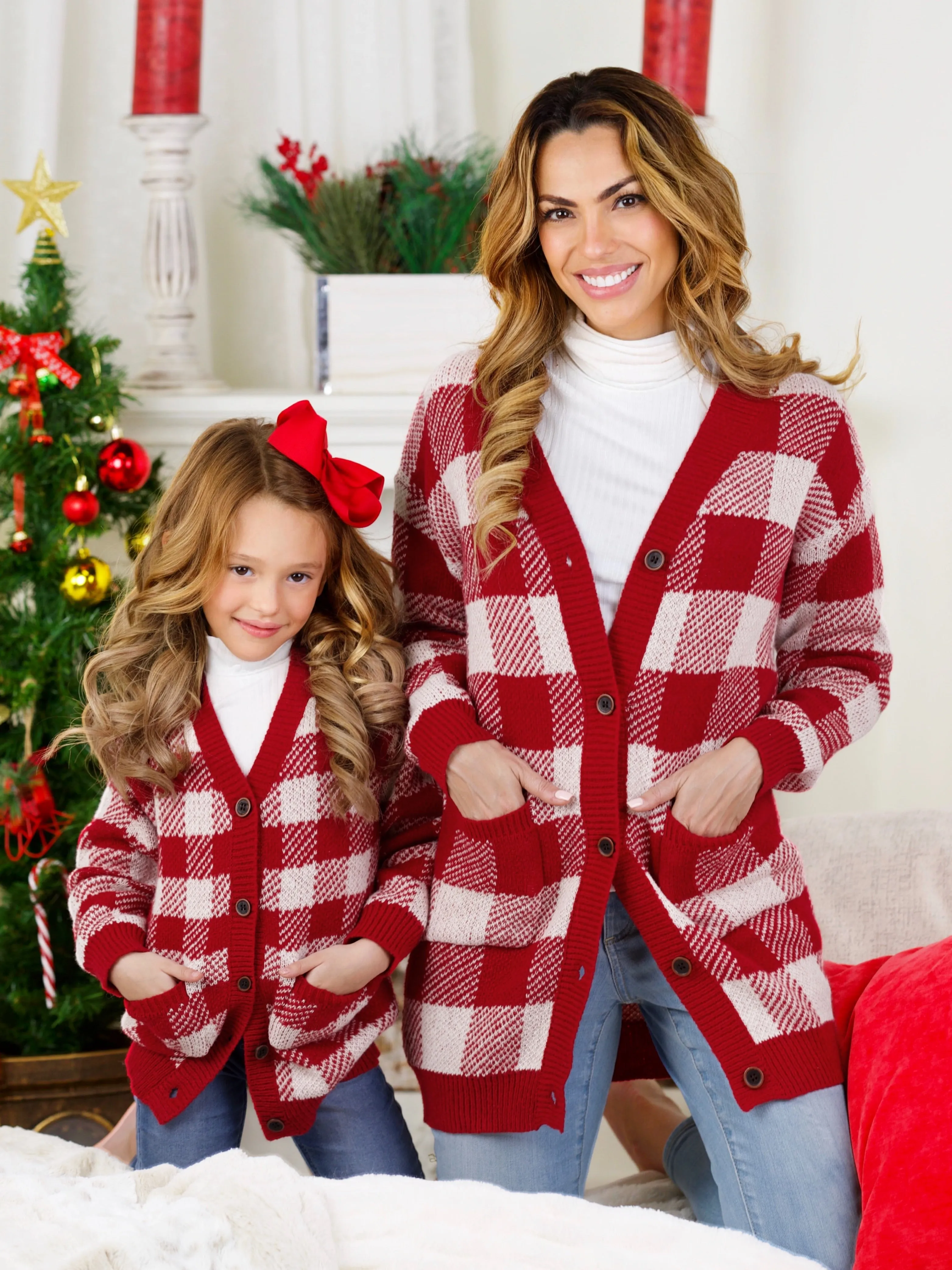 Mommy and Me Burgundy and White Checkered Oversized Cardigan