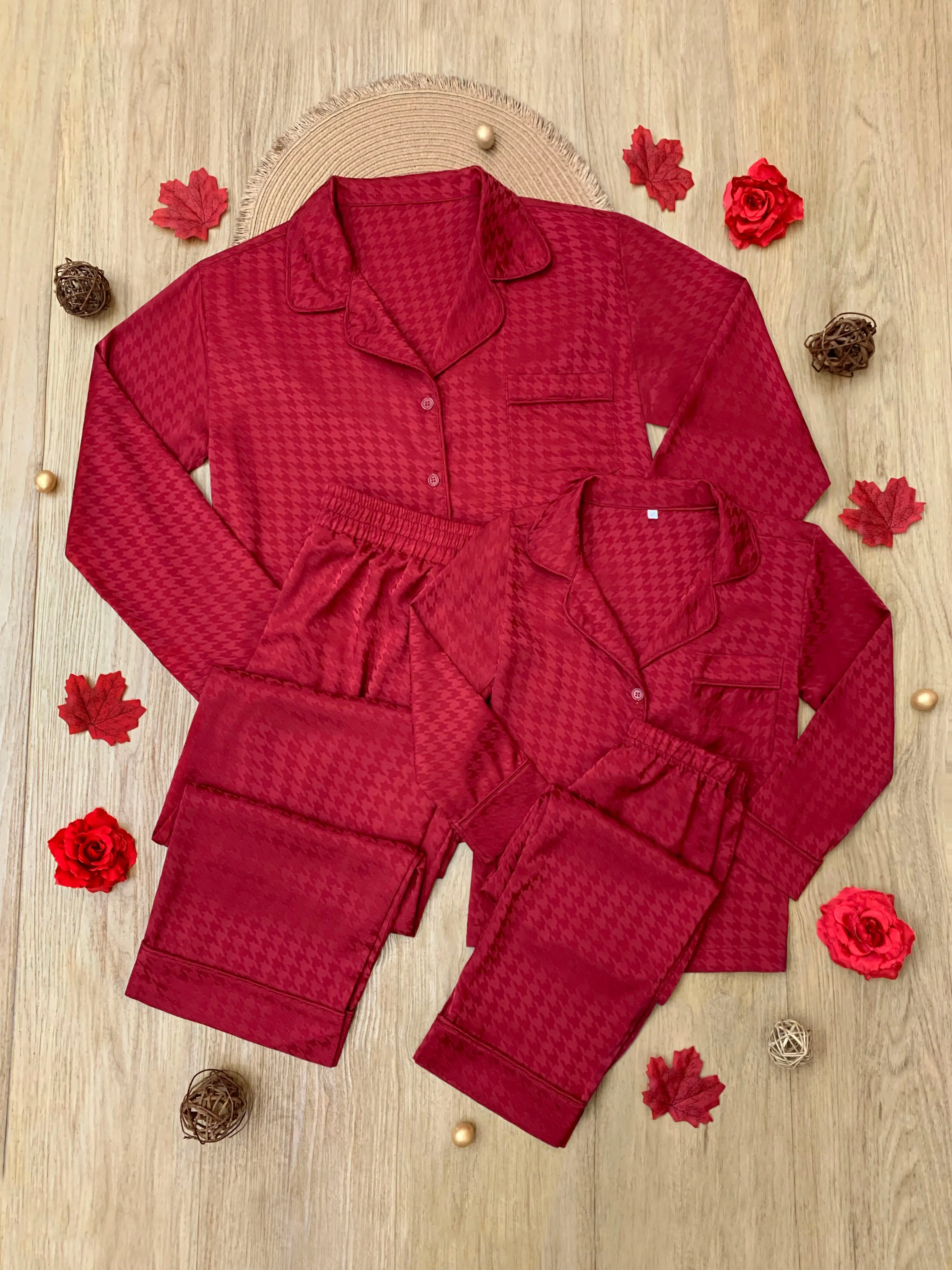 Mommy and Me Red Houndstooth Silk Pajama Set