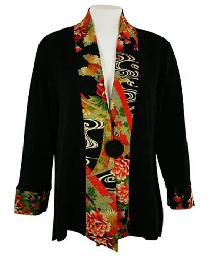 Moonlight - Asian Flower, Floral Print Accent Collar & Sleeve Asian Themed Top