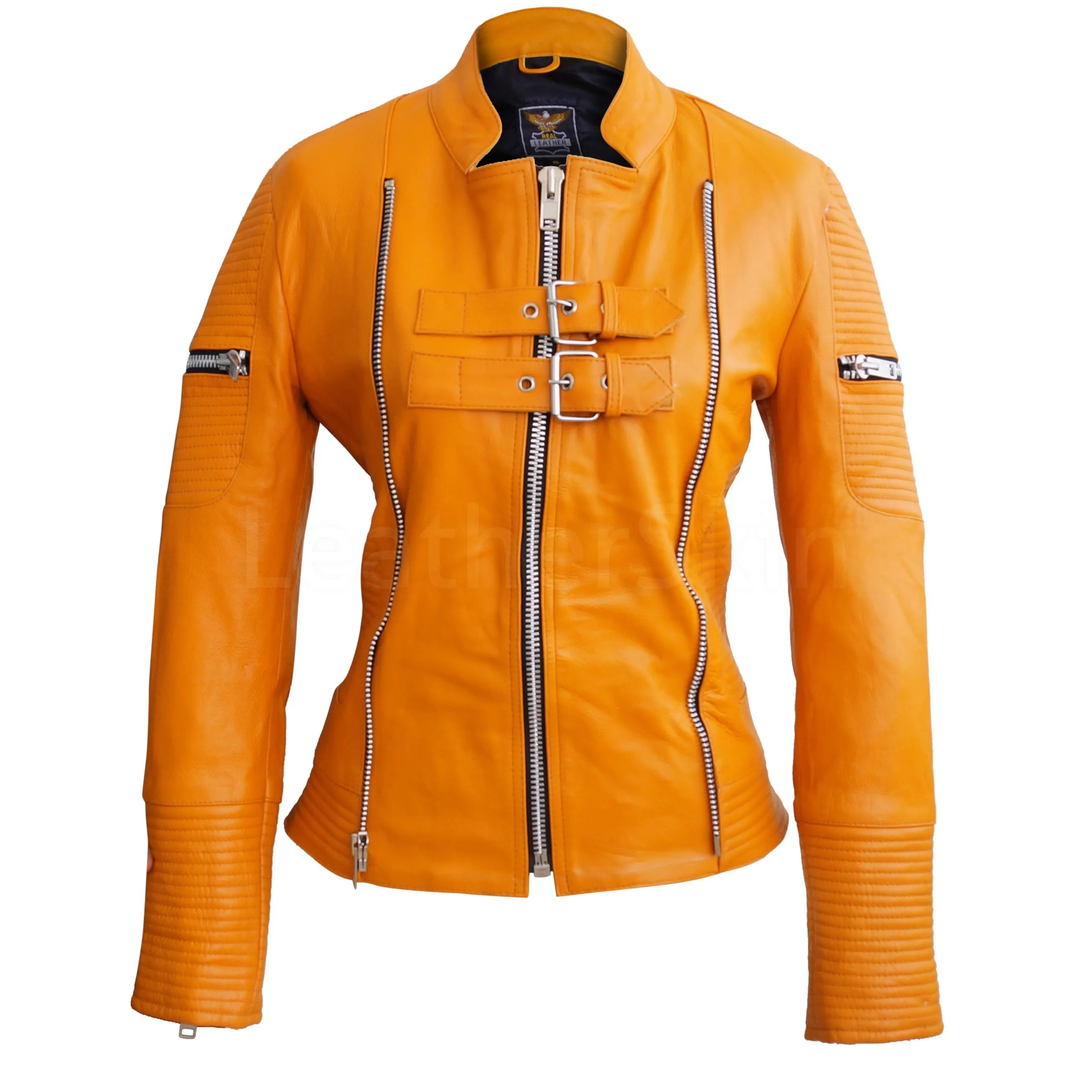 Mustard Yellow Sheep Skin Rib Quilted Genuine Leather Jacket