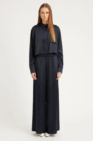 Navy Silk Wide Leg Pintuck Pants