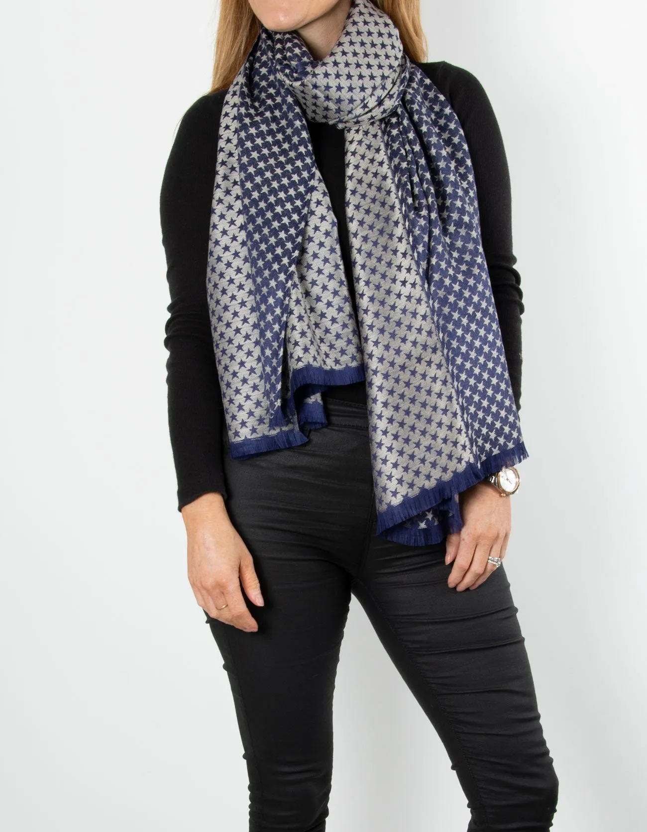 Navy Star Print Patterned Pashmina