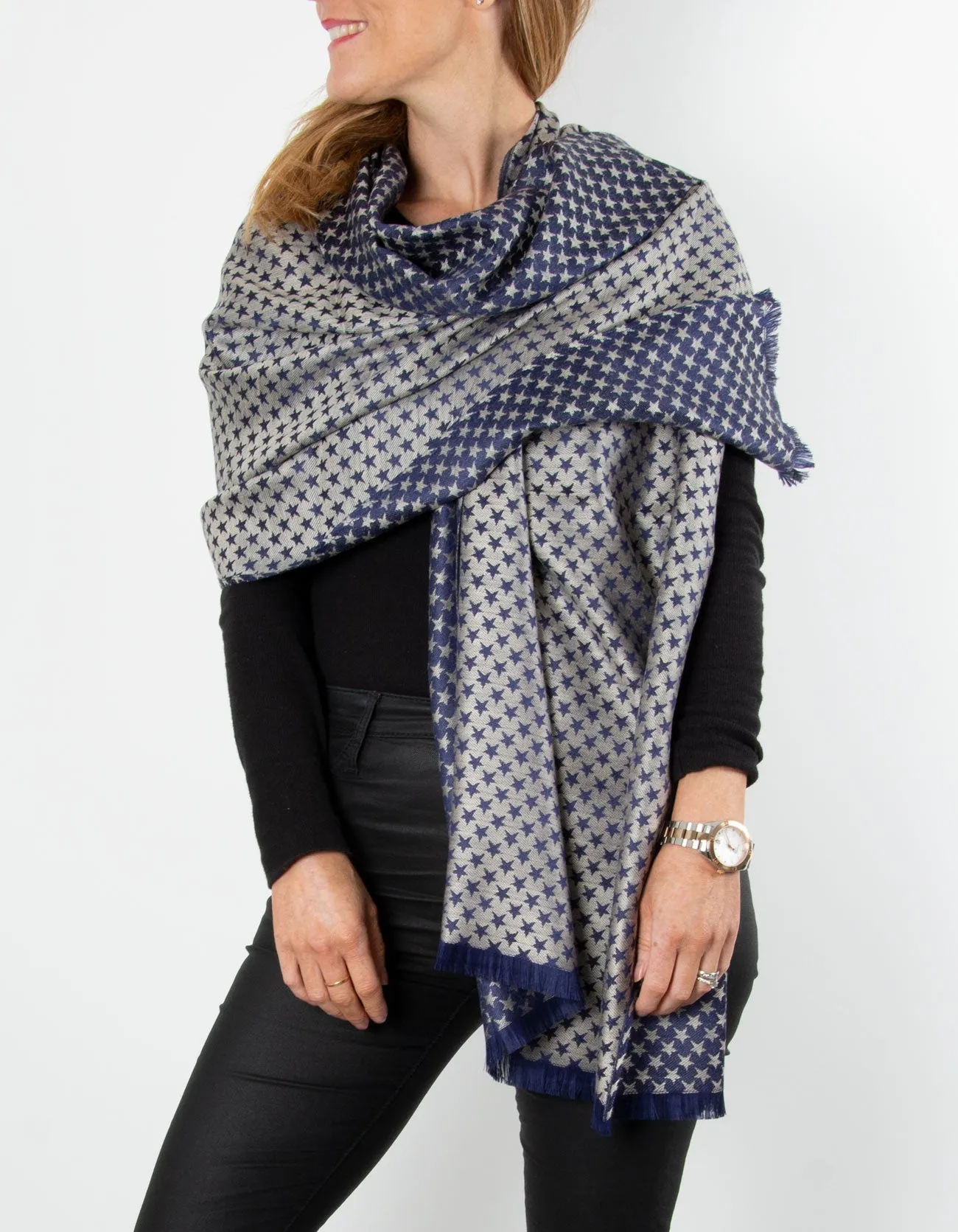 Navy Star Print Patterned Pashmina