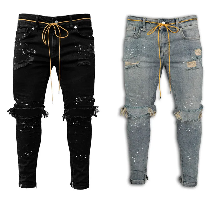 New Skinny Comfy Pencil Pants Mid Waisted Men's Ripped Jeans