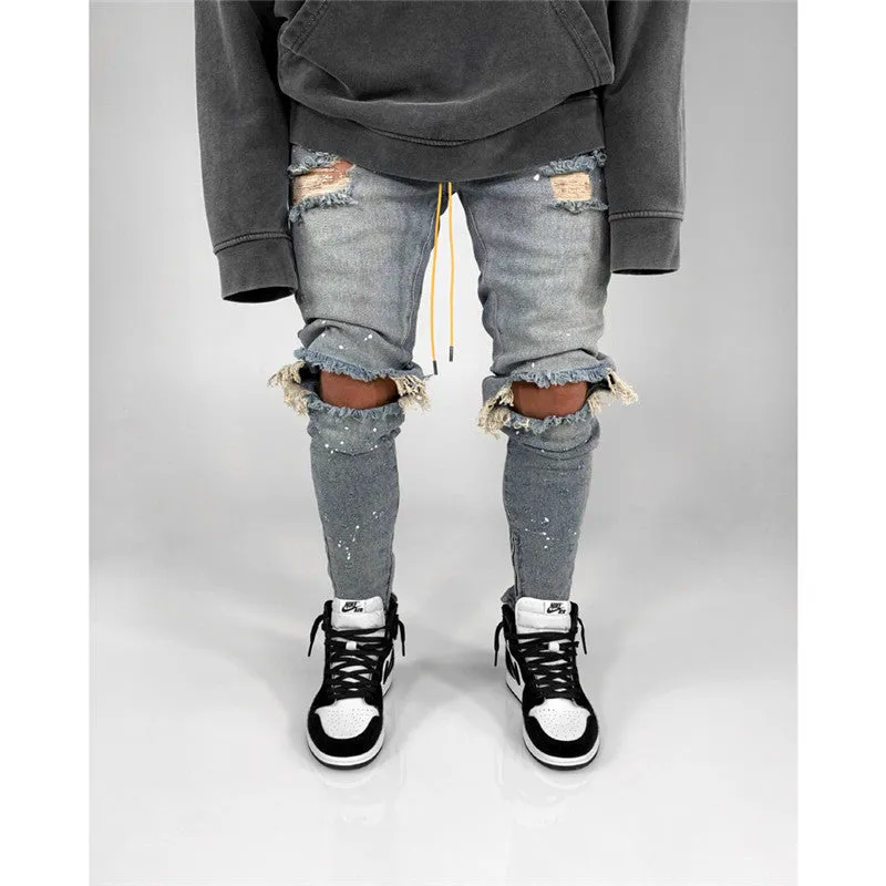 New Skinny Comfy Pencil Pants Mid Waisted Men's Ripped Jeans