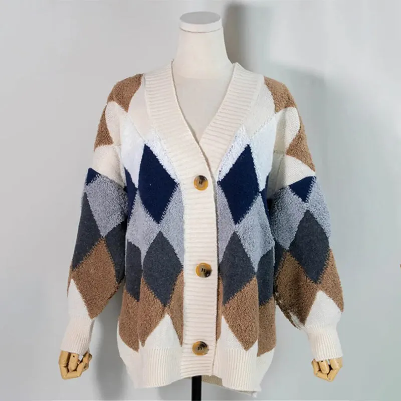 Oversized Plaid Pattern Cardigan Sweater