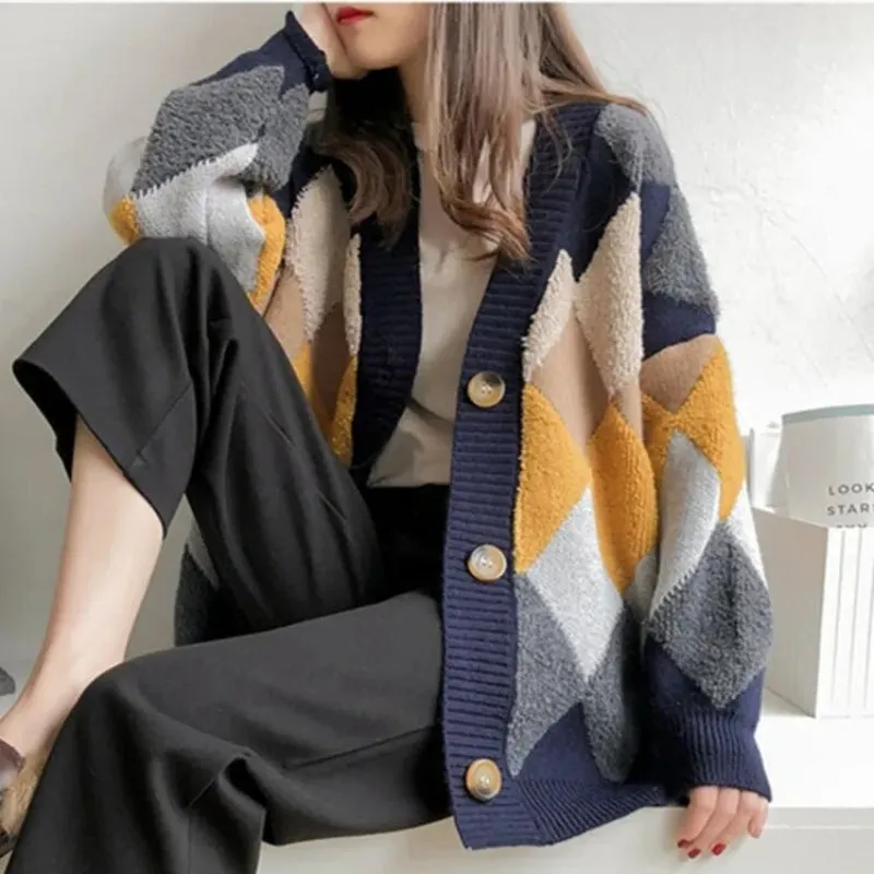 Oversized Plaid Pattern Cardigan Sweater