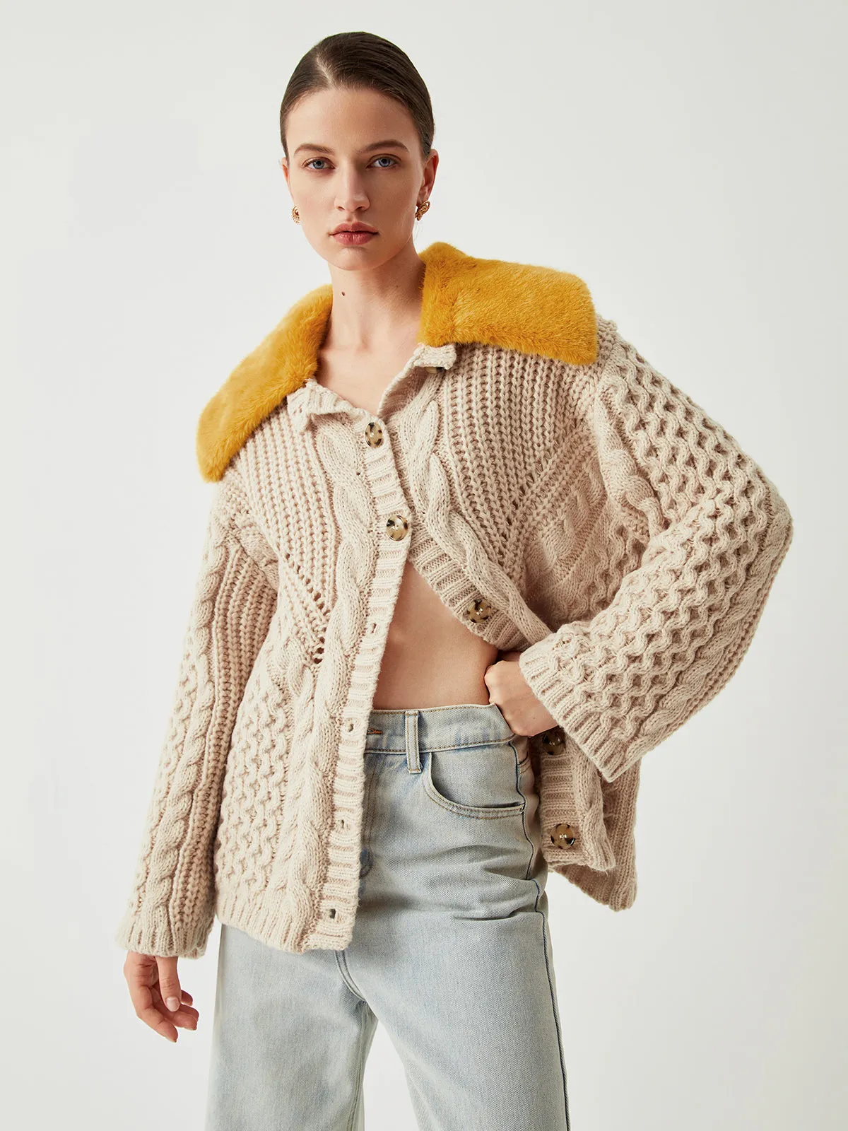 Patchwork Fuzzy Collar Trendy Oversized Knit Cardigan