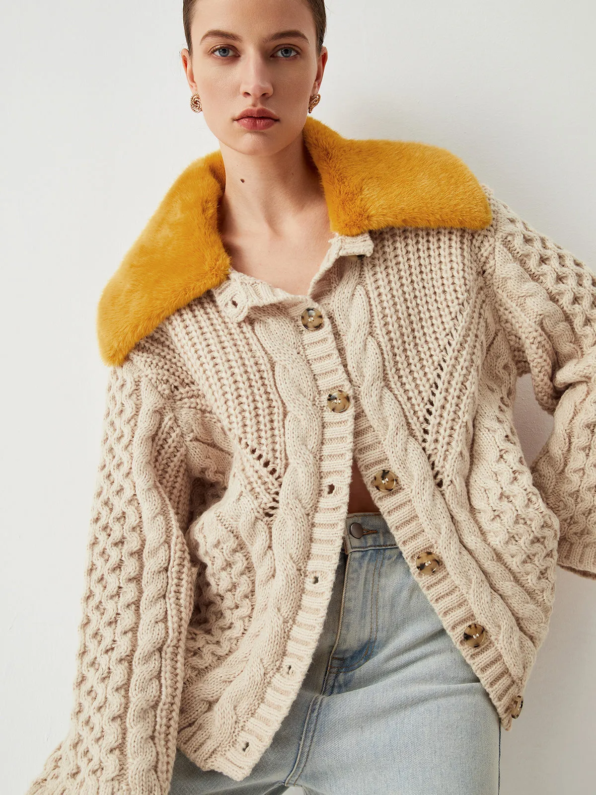 Patchwork Fuzzy Collar Trendy Oversized Knit Cardigan