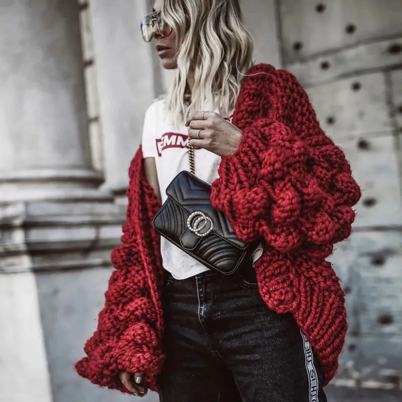 Pom Pom Trimmed Balloon Sleeve Open Front Knit Cardigan - Red