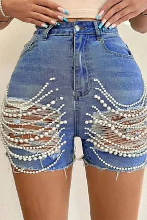 PR3071 Pearls Fringes Denim Shorts